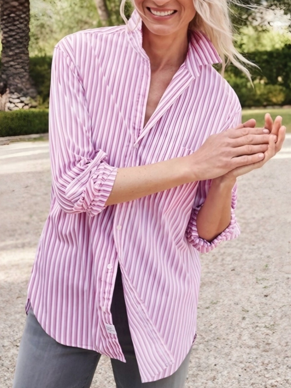 Frank & Eileen Pink White Stripe Joedy Button Up Shirt Large Long Sleeve Preppy